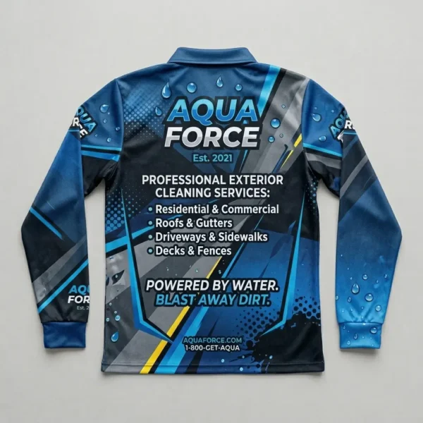 Sublimated long sleeve polo pressure washing shirt back.
