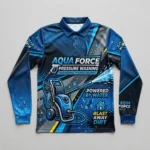 Sublimated long sleeve polo pressure washing shirt front.
