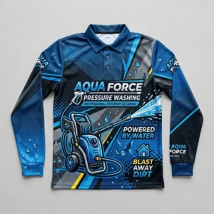 Sublimated long sleeve polo pressure washing shirt front.