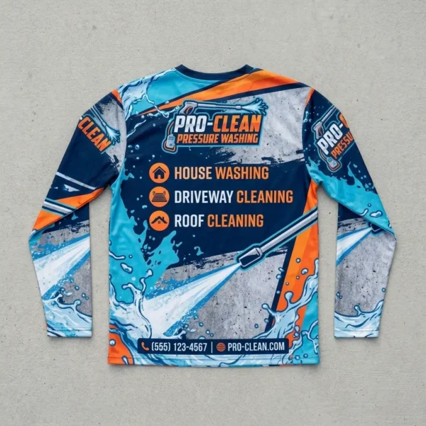 Sublimated long sleeve pressure washing shirt back.