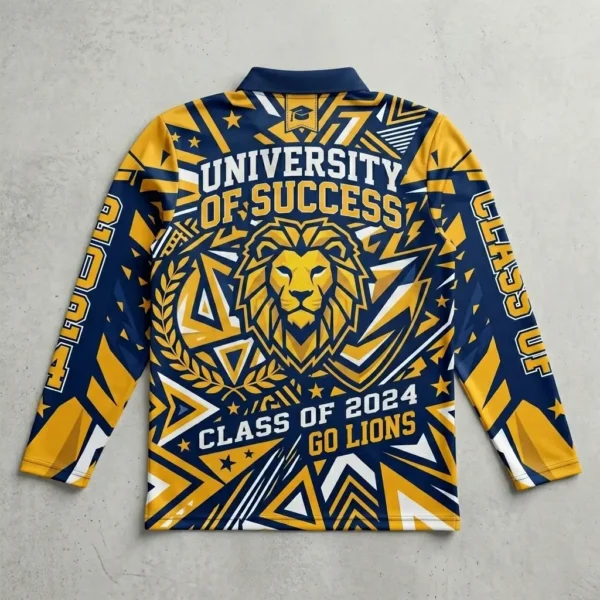 Sublimated long sleeves graduation polo shirt back.
