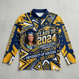 Sublimated long sleeves graduation polo shirt front.