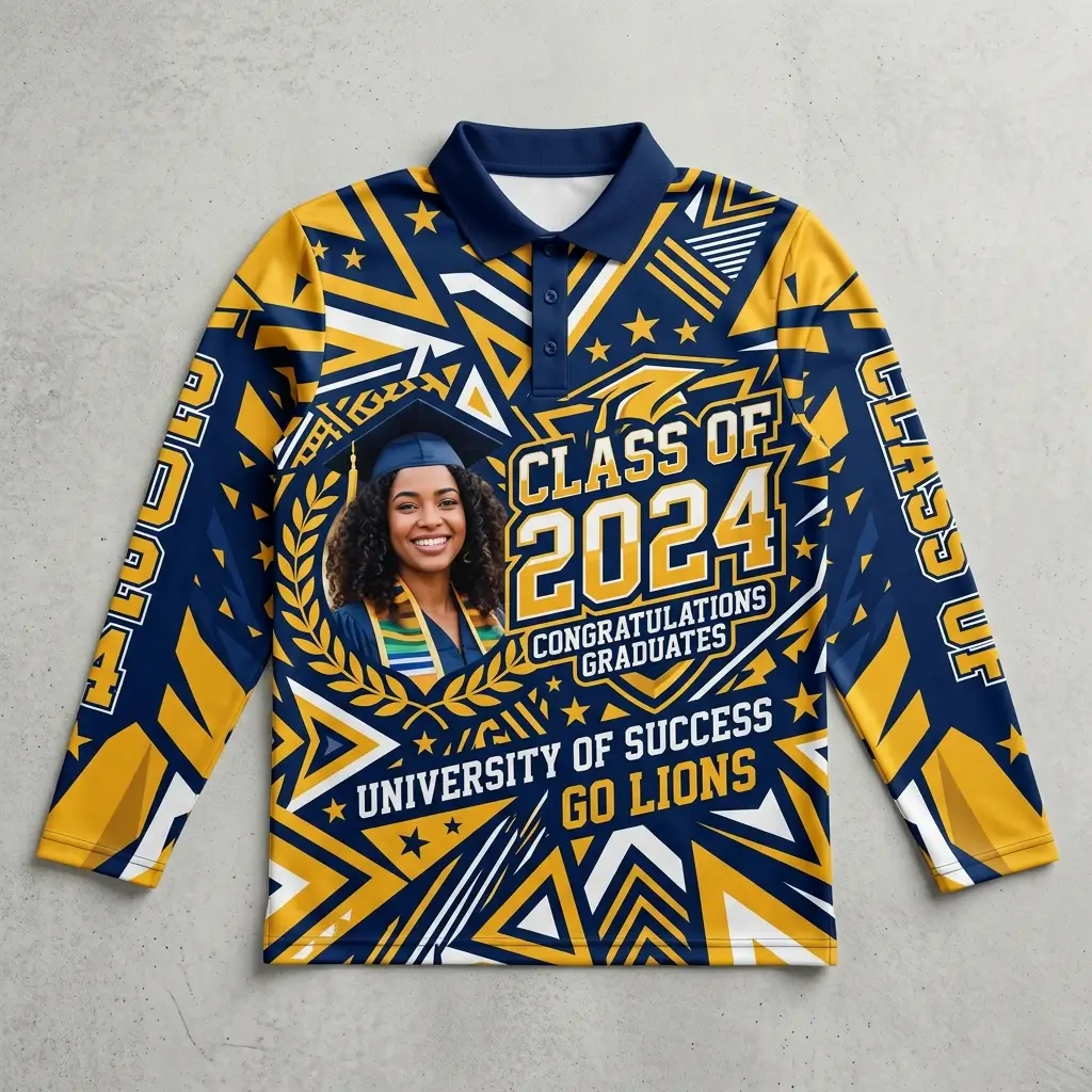 Sublimated long sleeves graduation polo shirt front.