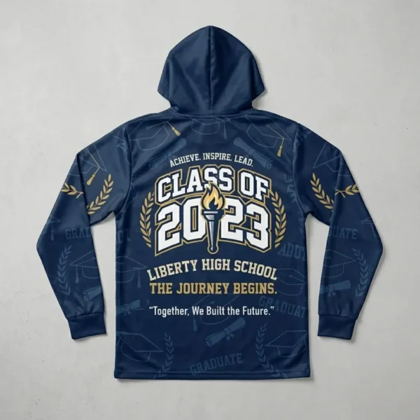 Sublimated long sleeves hooded graduation shirt back.