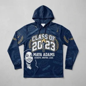 Sublimated long sleeves hooded graduation shirt front.