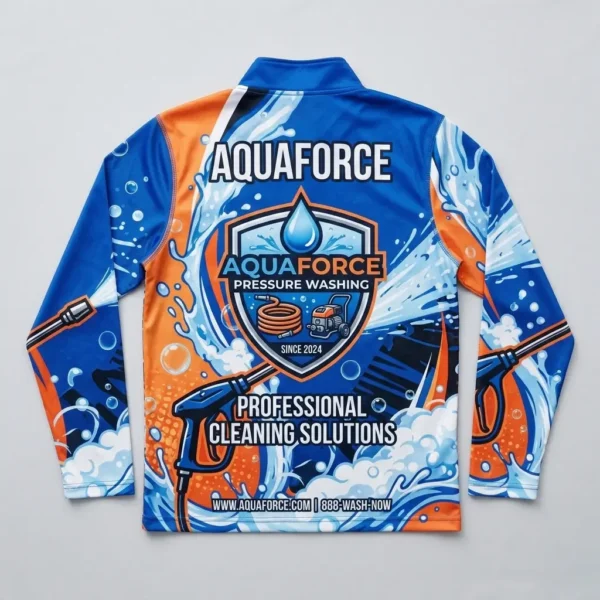 Sublimated long sleeves zip neck pressure washing shirt back.