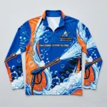 Sublimated long sleeves zip neck pressure washing shirt front.