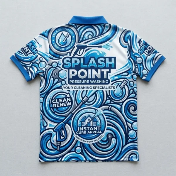 Sublimated pressure washing polo shirt back.
