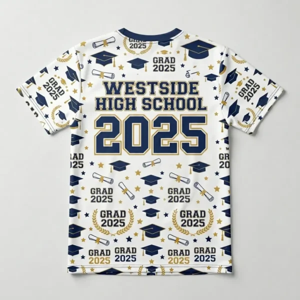 Sublimated varsity graduation shirt back.