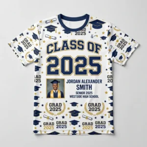 Sublimated varsity graduation shirt front.