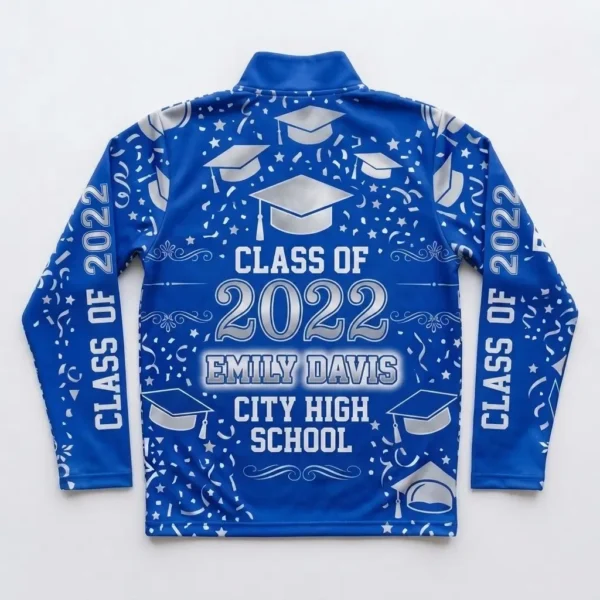 Sublimated zip neck full sleeves graduation shirt back.