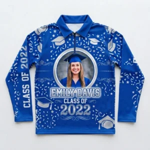 Sublimated zip neck full sleeves graduation shirt front.