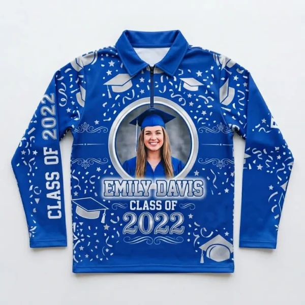 Sublimated zip neck full sleeves graduation shirt front.