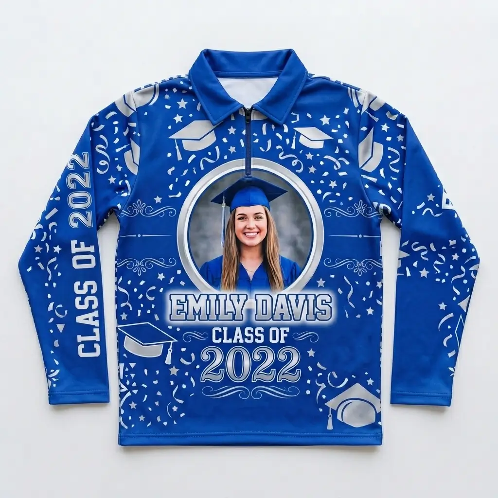 Sublimated zip neck full sleeves graduation shirt front.