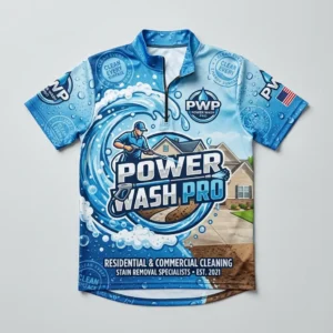 Sublimated zip neck pressure washing shirt front.