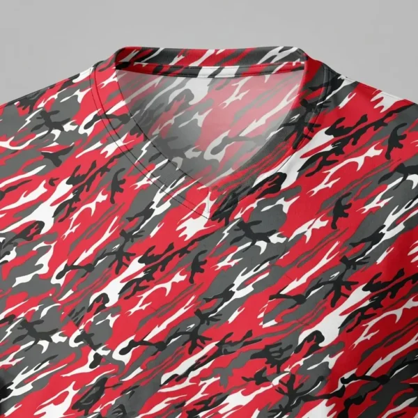 V-neck blank red woodland camo t-shirt closeup.