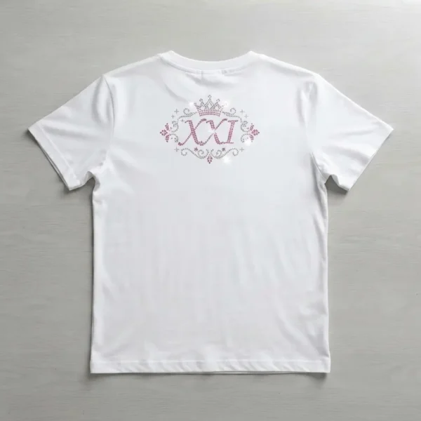 White birthday rhinestone t-shirt back.