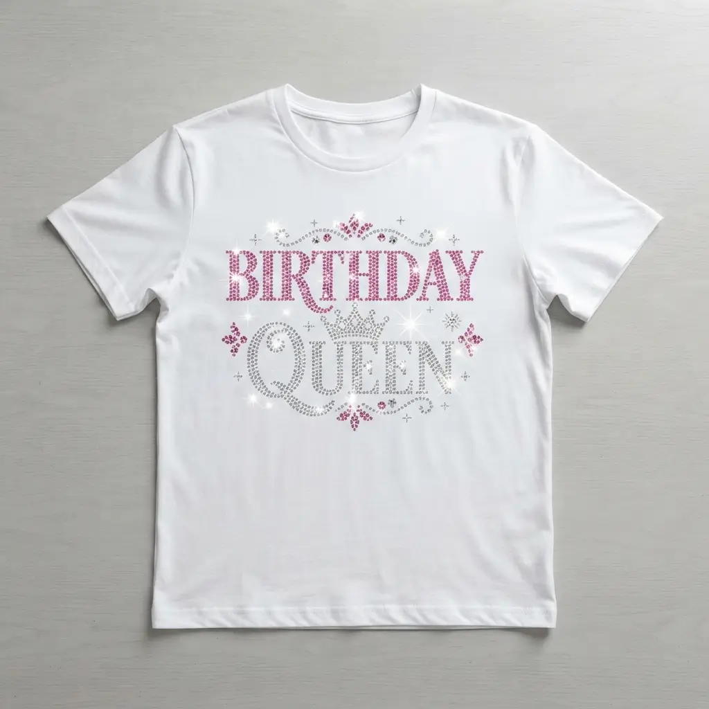 White birthday rhinestone t-shirt front.