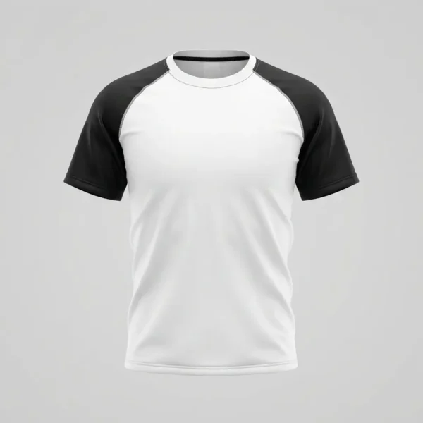 White t-shirt with black raglan sleeves.