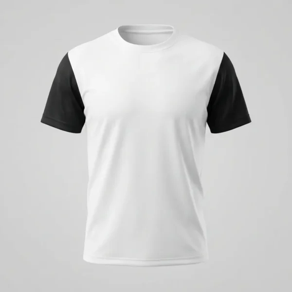 White t-shirt with black set-in sleeves.