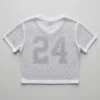 White v-neck cropped fully rhinestone cheer shirt back.