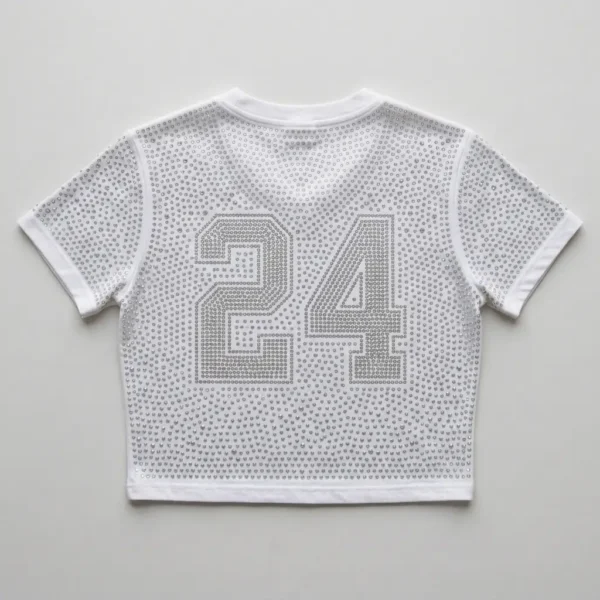 White v-neck cropped fully rhinestone cheer shirt back.