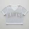 White v-neck cropped fully rhinestone cheer shirt front.