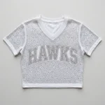 White v-neck cropped fully rhinestone cheer shirt front.