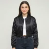 Black cropped satin jacket.