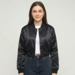 Black cropped satin jacket.