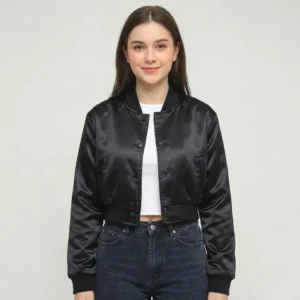 Black cropped satin jacket.