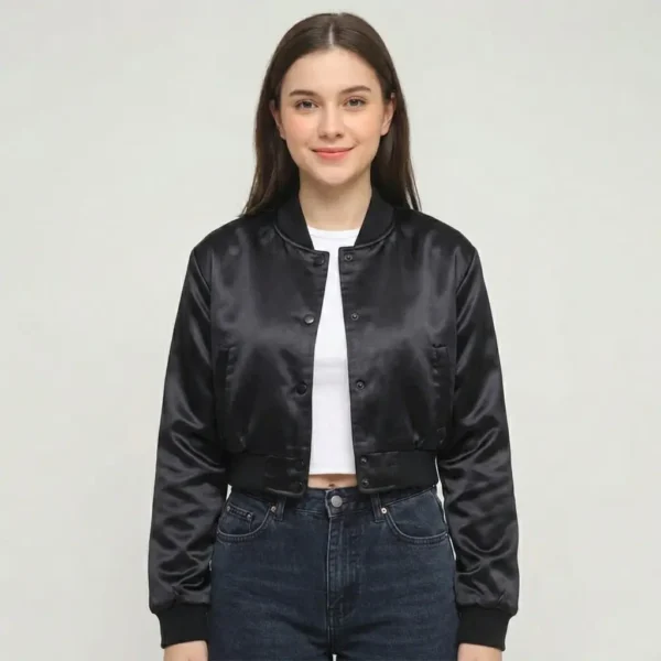 Black cropped satin jacket.