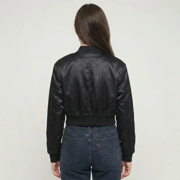 Black cropped satin jacket back.