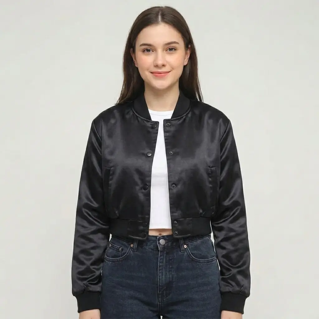 Black cropped satin jacket.