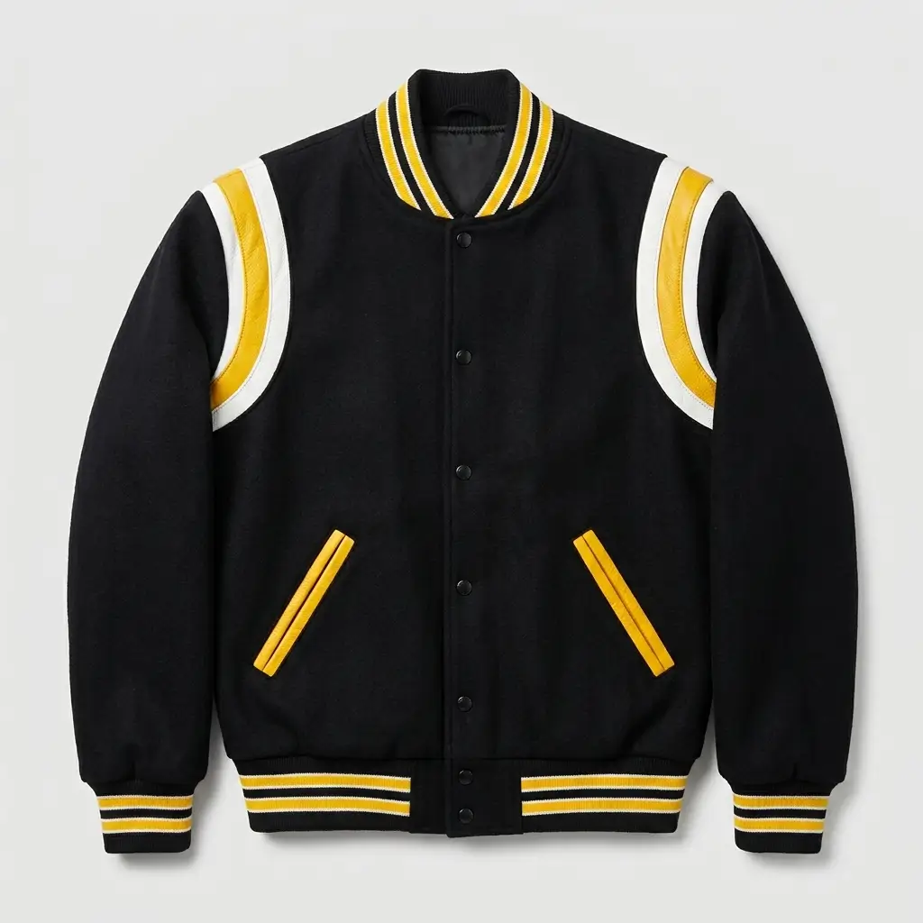 Black varsity jacket with white yellow leather inserts.