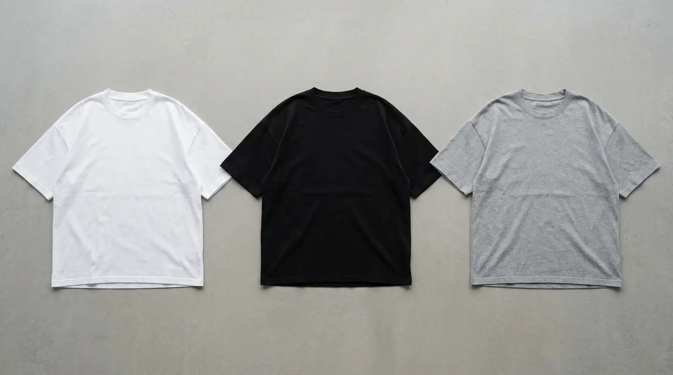 Black, white, and gray blank oversized t-shirts.