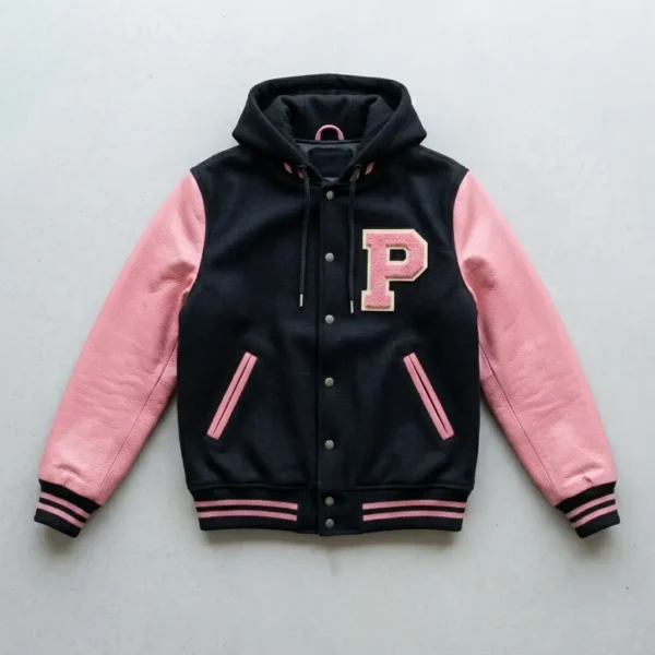 Black wool body pink leather sleeves hooded letterman jacket.