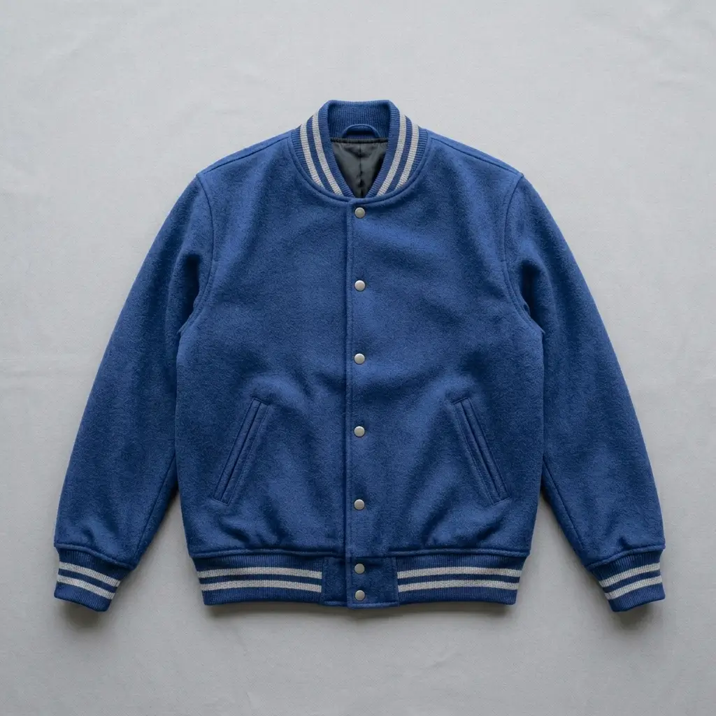 Blue fleece blank varsity jacket.