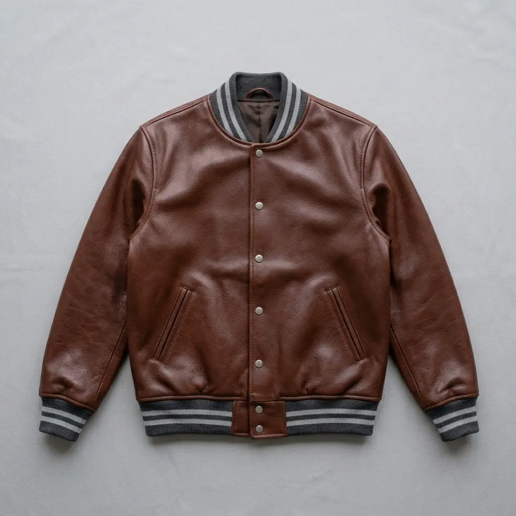 Brown full leather varsity jacket.