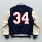 Chenille number varsity patches on the back of letterman jacket.