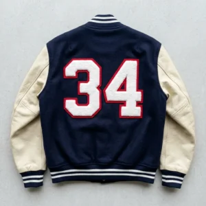 Chenille number varsity patches on the back of letterman jacket.