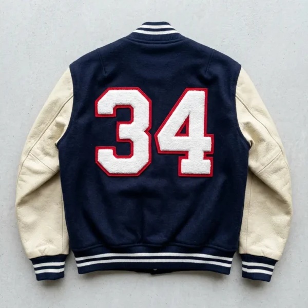 Chenille number varsity patches on the back of letterman jacket.