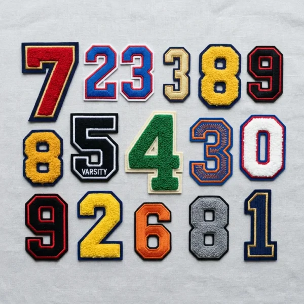 Embroidered and chenille number patches.