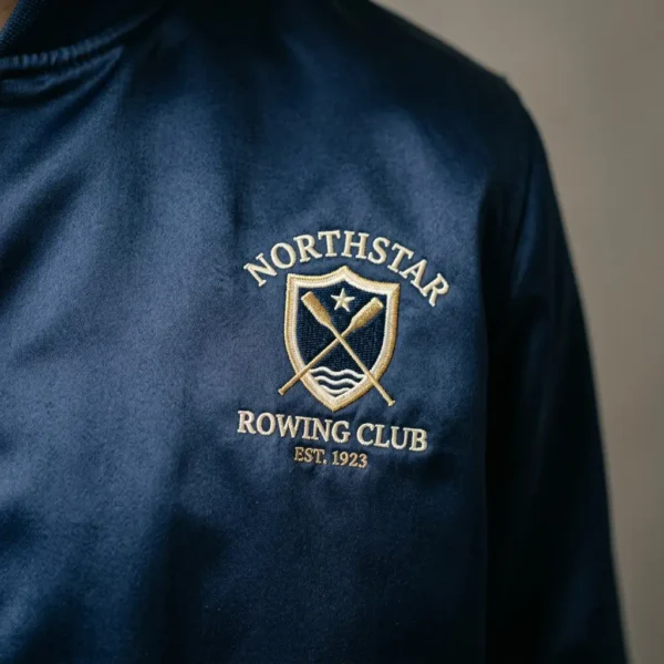 Embroidered logo satin jacket closeup.