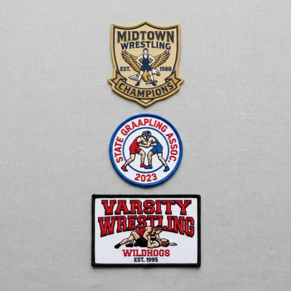 Embroidered wrestling patches.