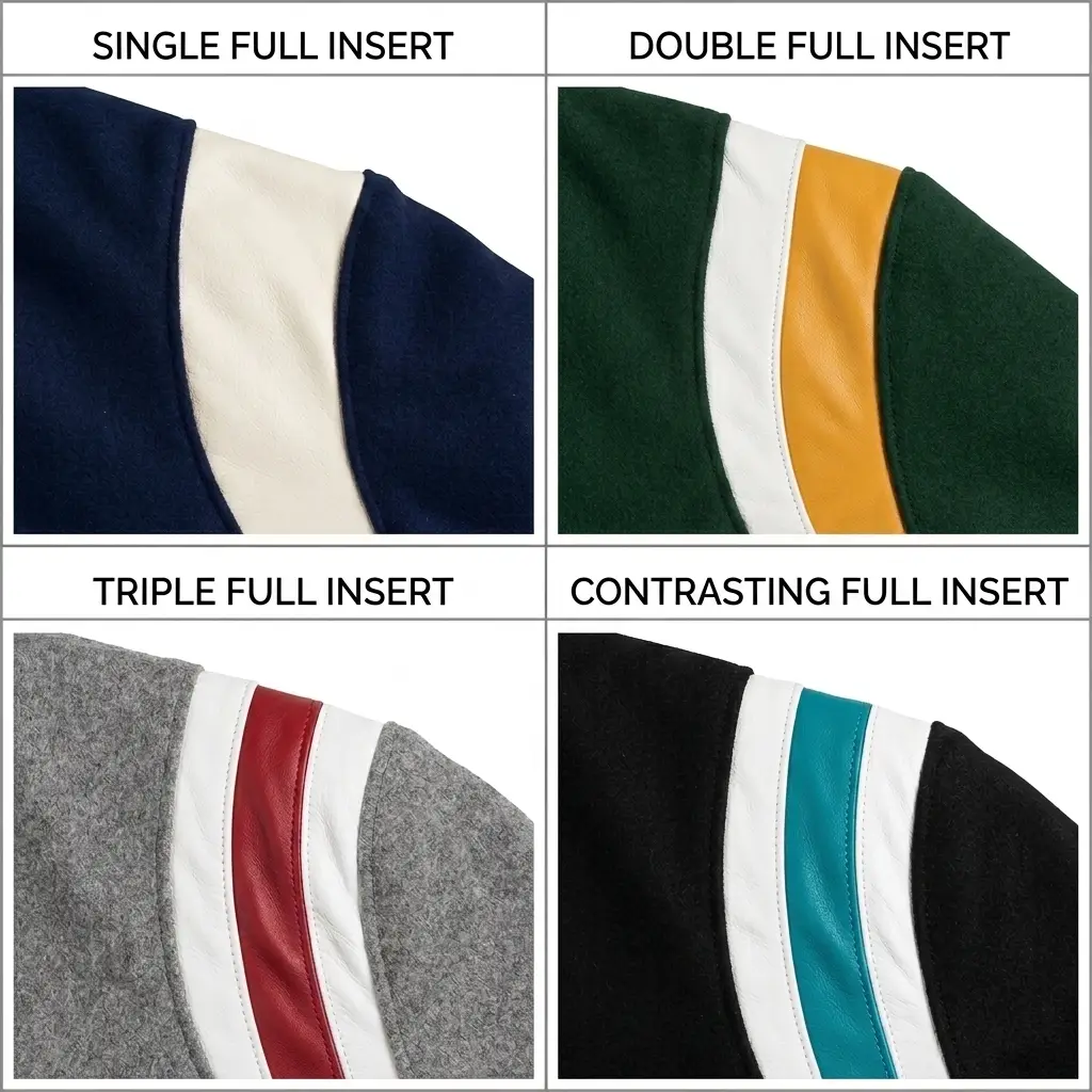 Full leather insert styles for custom varsity jackets.