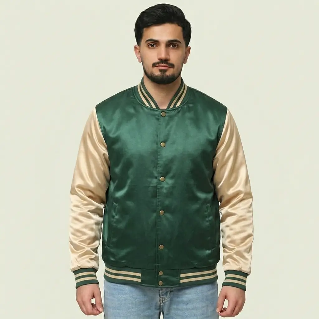 Green and cream regular fit satin jacket.