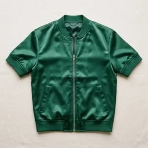 Green short sleeve satin bomber jacket.