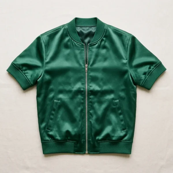 Green short sleeve satin bomber jacket.
