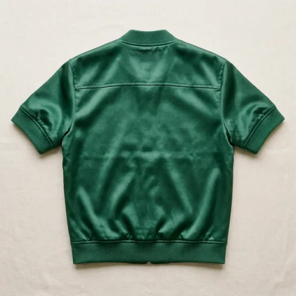 Green short sleeve satin bomber jacket back.